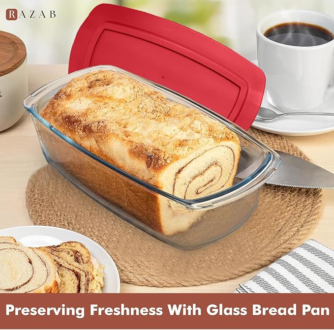 Razab LARGE 7.6 Cups/1800 ML/1.9 Qt Glass Loaf Pan with Lids - Meatloaf Pan BPA free Airtight Lids Grip Handle Easy Carry, Microwave and Oven Safe - Loaf Pans For Baking Bread, Cakes, Glass Loaf Pan