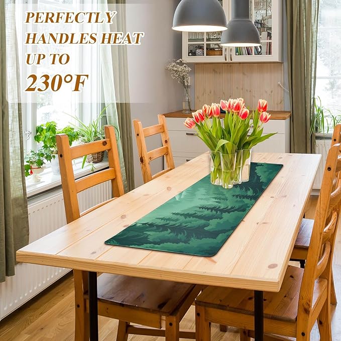 2 in 1 Table Runner Trivet for Hot Pots and Pans Heat Resistant Non Slip Waterproof 39 x 12 Inch Decorative Table Protector for Kitchen Countertop Mountain Forest Trees Green 02
