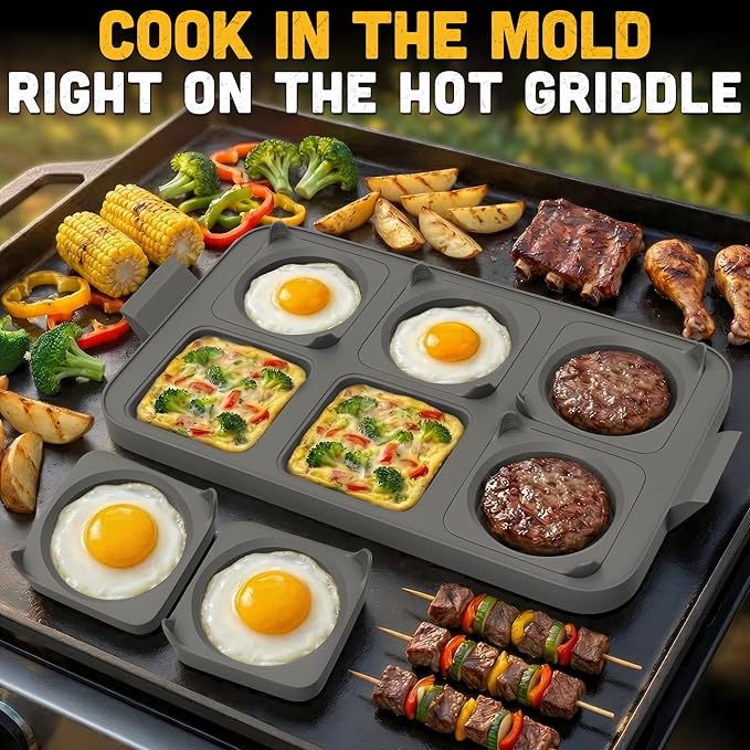 Silicone Egg Rings for Griddle - 16.5" x 9" BBQ Grill Pancake Mold Tray with 6 Round & Square Shapes - Silicone Egg Molds for Even Round Eggs, Patties, Burgers, Breakfast Sandwiches & Outdoor Cooking