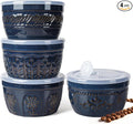 Artena Meal Prep Containers 22 OZ, 4 Pack Snack Containers, Reusable Food Storage Containers With Lids For Soup Yogurt Oatmeal Lunch Breakfast, Ceramic Cereal Bowls (Blue, Multiple Patterns)