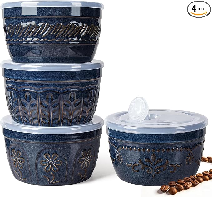 Artena Meal Prep Containers 22 OZ, 4 Pack Snack Containers, Reusable Food Storage Containers With Lids For Soup Yogurt Oatmeal Lunch Breakfast, Ceramic Cereal Bowls (Blue, Multiple Patterns)