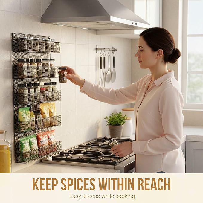 SPICE RACKS Organizer - Country Rustic Wire Style - Great Storage for Pantry, Cabinet and Kitchen - Wall Mounted 5 Tier Shelves