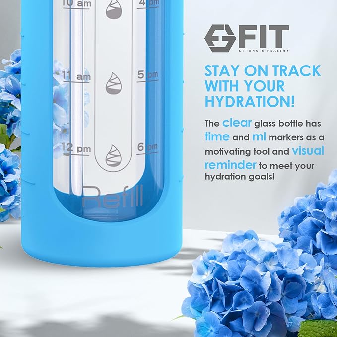 FIT Strong & Healthy 2 & 3 Compartment Glass Meal Prep Containers (4 Pack, 32 oz) and 32 oz Glass Water Bottle with Straw Lid, Time Marker, Sleeve & Extra Lid Bundle
