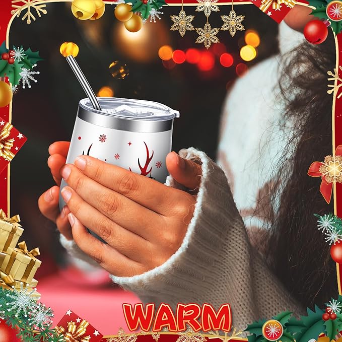 Ziliny 6 Pieces Christmas Wine Tumbler 12 oz Xmas Insulated Stainless Steel Wine Cups with Lid and Straw Funny Coffee Mugs with Brush for Holiday Wedding Party Gifts(Plaid Style)