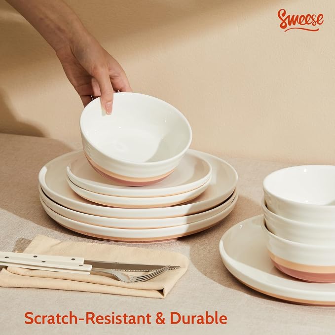 Sweese Plates and Bowls Sets,18 Pieces Modern Porcelain Dinnerware Set for 6 Handcrafted Uniqe Dinner Set Ceramic Dishware Dishes Microwave and Dishwasher Safe, Terra Cotta