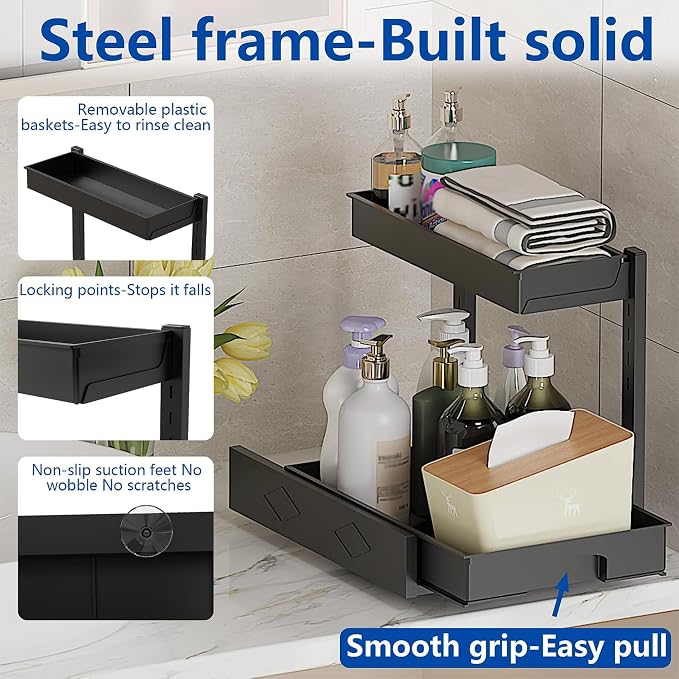 BLULEE 2 Tier Under Sink Organizer, Adjustable Cabinet Storage Rack（2 PACK） | Under the sink organizer for kitchen organization. Heavy duty metal frame clears bathroom vanity pipes safely.
