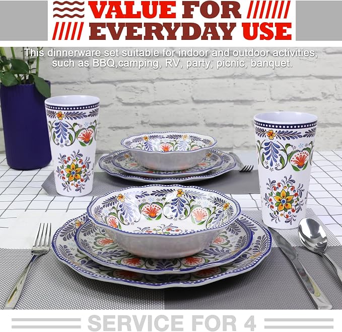 Melamine Dinnerware Set for 4-16 Pcs:Camping Dishes Set with Dinner Plates,Salad Plates,Cups and Bowls.Lightweight and Unbreakable,Indoor and Outdoor Use flower28