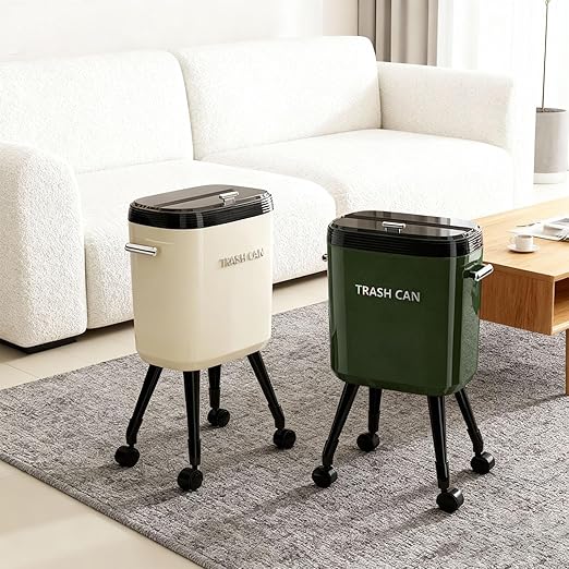 Tall Trash Can with Wheels, 15L Large Capacity Narrow Garbage Can with Elevated Legs, Trash Bin for Kitchen Bathroom Living Room Office (Cream White)