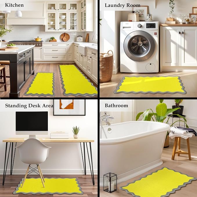 Arenarug Scalloped Yellow Gray Kitchen Mats Rugs Sets of 2 Cushioned Anti Fatigue Floor Mat Waterproof Kitchen Rugs Non Slip Foam Comfort Standing Mat for Sink Laundry