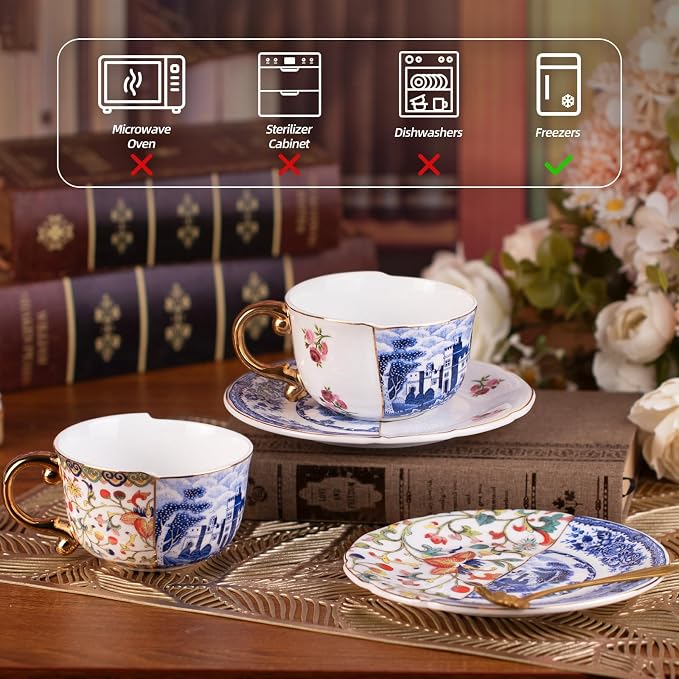 KAMMAK Tea Cups and Saucers Set of 2, Fine Bone China Coffee Cups, 8.5-Ounce Stackable Espresso Mugs, Ceramic Demitasse for Coffee, Cappuccino, Latte, Americano, Tea, Doozy + Rose