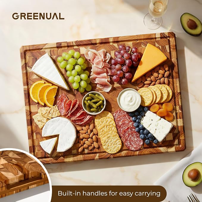 Teak Wood Cutting Boards for Kitchen 20'' Extra Large Butcher Block End Grain Wooden Cutting Board with Juice Groove & Handle Heavy Duty Chopping Charcuterie Board Non Toxic Slip Serving KnifeFriendly