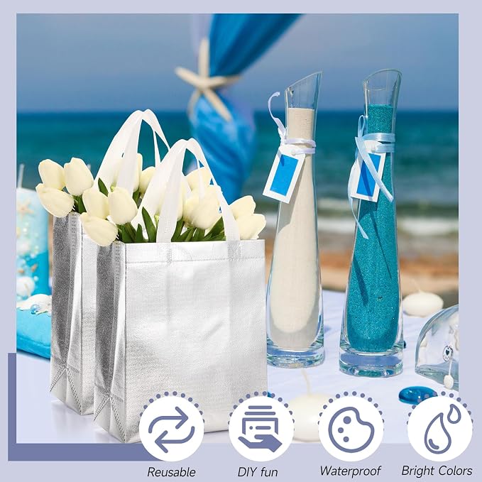 Eccliy Reusable Gift Bags Set Glossy Grocery Gift Tote Bag with Handle for Wedding, Bridal Shower, 4th of July, Summer Event(10 x 8 x 4.7 Inch,Silver,80 Pcs)