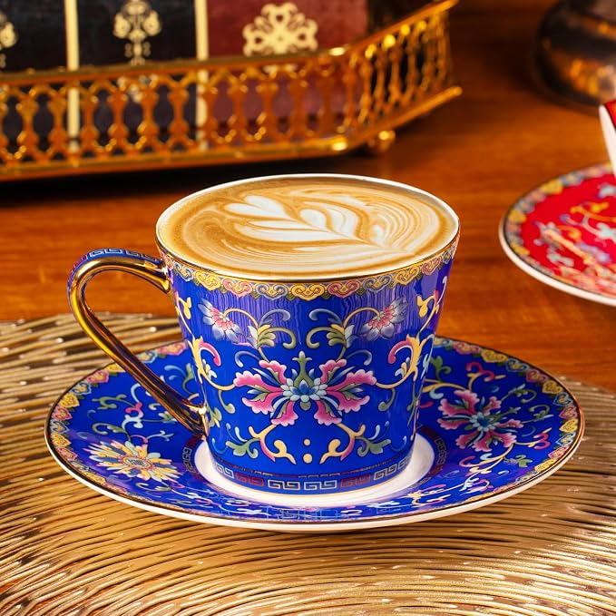 KAMMAK Tea Cups and Saucers Set of 2, Porcelain Coffee Cups, 8oz Stackable Espresso Mugs, Ceramic Demitasse for Coffee, Latte, Americano, Tea (629N+630N)