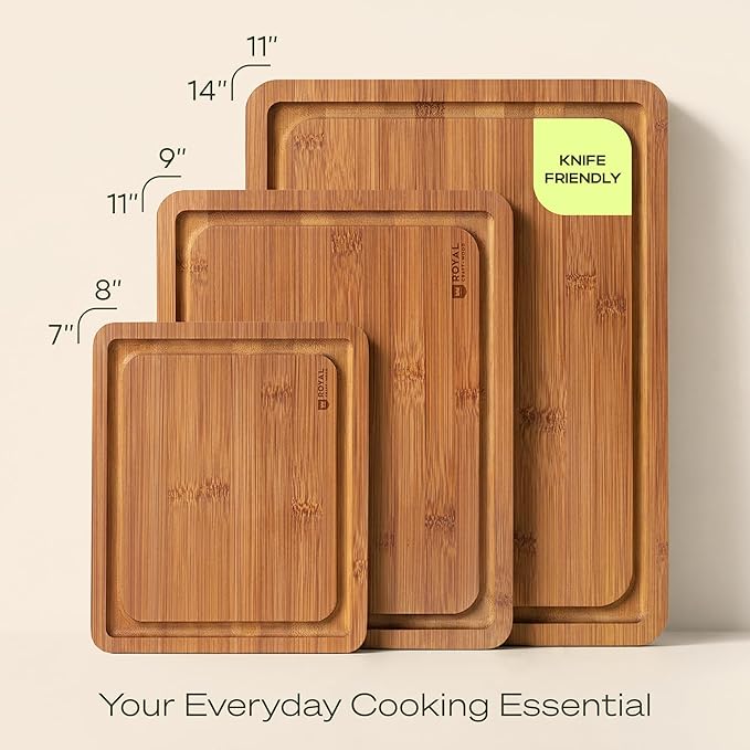 ROYAL CRAFT WOOD Wooden Cutting Boards for Kitchen Meal Prep & Serving - Bamboo Wood Cutting Board Set with Deep Juice Groove Side Handles - Charcuterie & Chopping Butcher Block for Meat (Set of 3)