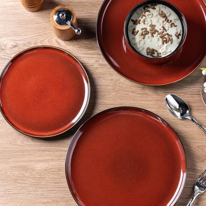 LeRatio Ceramic Dinnerware Sets for 6,Porcelain Plates and Bowls Sets,Handmade Reactive Glaze Dishes Set,Chip Resistant and Scratch Resistant | Oven&Dishwasher & Microwave Safe-Red(18PCS)