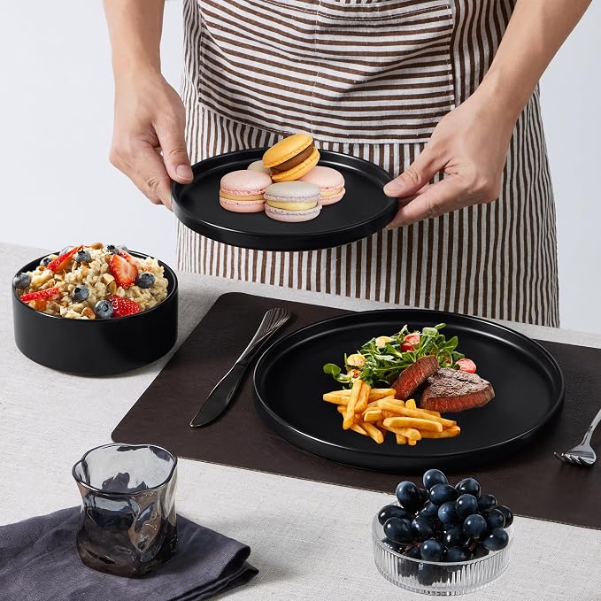 E-far Stoneware Dinnerware Sets, 12-Piece Plates and Bowls Dish Set for 4, Kitchen Modern Dinning Ware, Chip and Scratch Resistant, Microwave & Dishwasher Safe, Matte Black