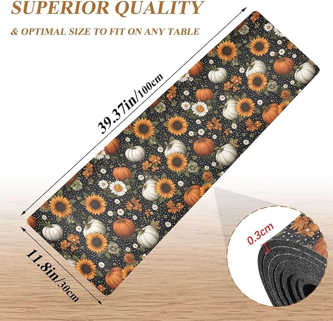 2 in 1 Table Runner Trivet for Hot Pots and Pans Heat Resistant Non Slip Waterproof 39 x 12 Inch Decorative Table Protector for Kitchen Countertop Black Dotty Pumpkins Sunflowers Daisy