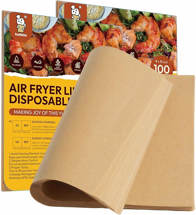 Katbite Air Fryer Disposable Paper Liners 200 Pcs, 9x11 Inch, Oil Resistant & Easy Clean, Non-stick Rectangular Paper Sheets Basket Liner for Toaster Oven Xl Air Fryer