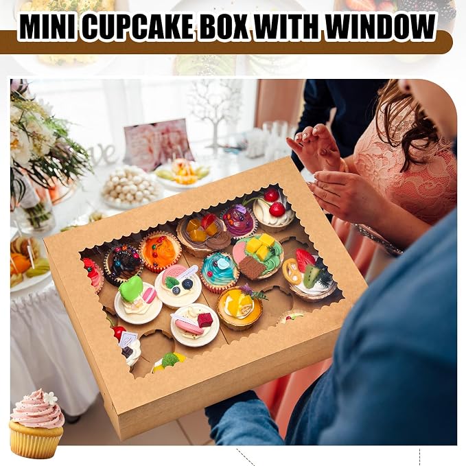 AmazingSpark 10 Pack 24 Count Cupcake Boxes, Mini Cupcake Containers, 14.9 x 11 x 4 Inch Kraft Disposable Bakery Boxes with Window and Inserts for Birthday Holiday Party Bakery Desserts