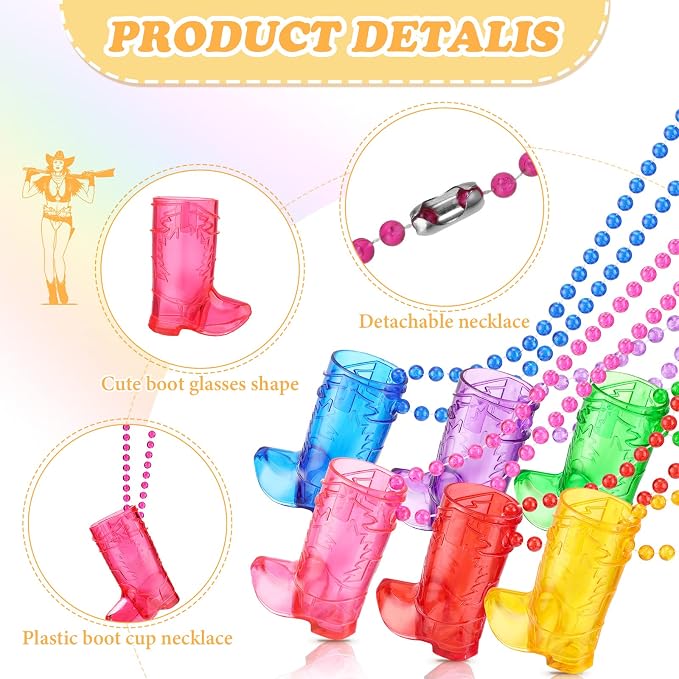 Sieral 12 Pcs Boot Shot Glasses on Beaded Necklace Plastic Cowgirl Shot Glass Cup Necklace Bride Supply for Bachelorette Carnival Party Birthday Wedding Supply (Transparent Colorful)