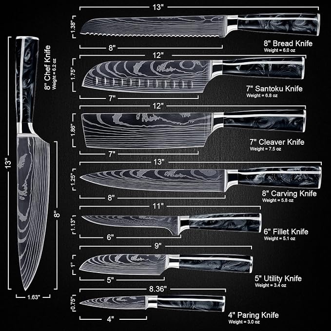 SENKEN 8-Piece Japanese Knife Set - Black Resin Handle, Laser Damascus Pattern - Onyx Collection - Chef's Knife, Cleaver, Santoku, Bread & Paring Knives