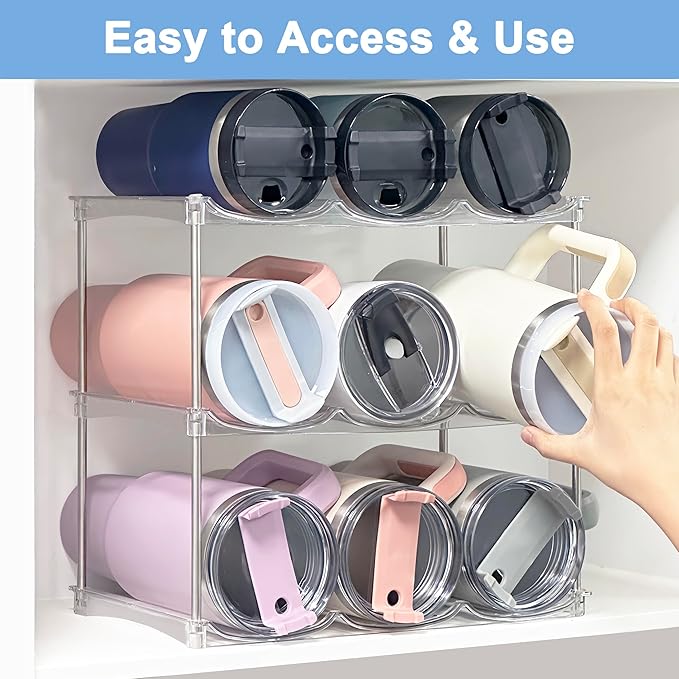 Stackable Water Bottle Organizer - Stanley Cup Holder for Cabinet Large Water Bottle Holder, Kitchen Pantry Organizers and Storage for Stanley Tumbler 40oz, Clear Tumbler Storage Organizer, 2 pack
