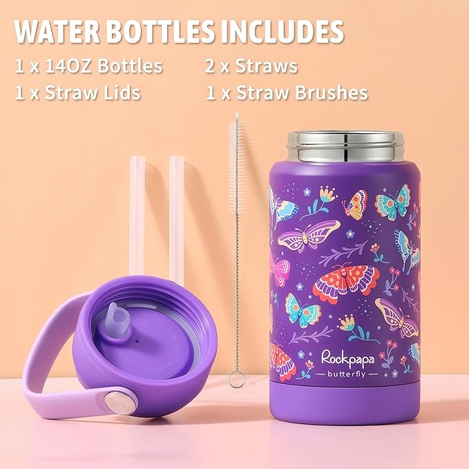rockpapa Kids Lunch Box Set with 14oz Insulated Water Bottle & Lunch Bag, Leakproof 5.5 Cups Bento Box for School & Children, BPA-Free, Microwave Safe for Boys Girls (Purple Butterfly)