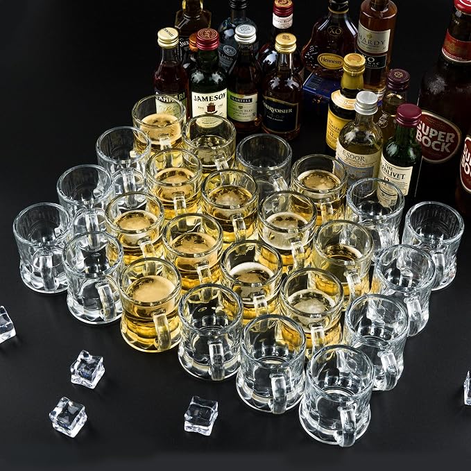 24 Pack Mini Beer Mug Shot Glasses, 2 Oz Glass Mini Beer Shot Glasses with Handles, Clear Beer Stein Tasting Cups for Whiskey, Tequila, Vodka Flight, Party Favors and Gifts