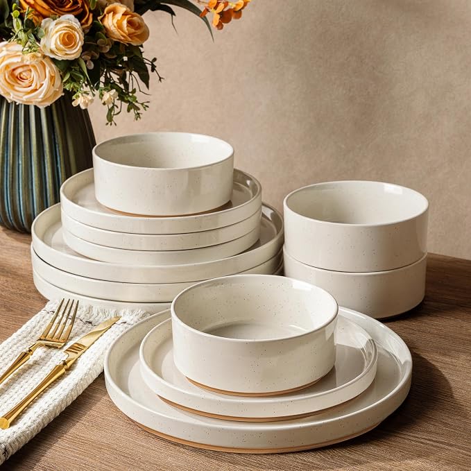 AmorArc Ceramic Dinnerware Set for 6 | Speckled Stoneware Plates and Bowls with Rustic Terracotta Underside| Scratch Resistant,Dishwasher & Microwave Safe Dishes Sets- 18pcs
