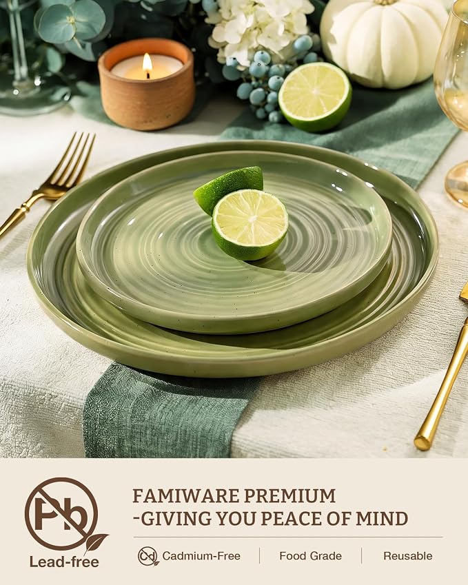 18-Piece Stoneware Dinnerware Sets for 6 - Farmhouse Coupe Plates and Bowls with Speckles & Spirals - Chip & Scratch Resistant, Microwave & Dishwasher Safe - Gift Box, Olive Green