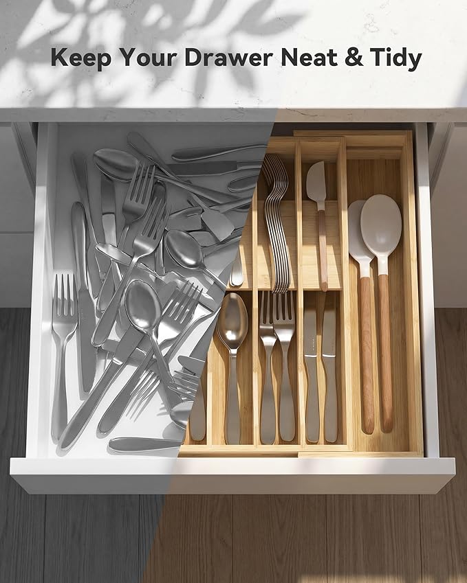 Expandable Silverware Organizer, Utensil Drawer Organizer & Cutlery Tray Dividers for Spoons Forks Knives (12 Slot,Natural Bamboo), 16.73”x12.91”x1.97 “