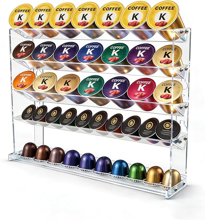 5 Tier Coffee Pod Holder for Nespresso Vertuo, Wall Mount K Cup Holder for Small Space, Clear Acrylic Coffee Pod Organizer Compatible with Most Standard Pods (30-50 Pod Storage)