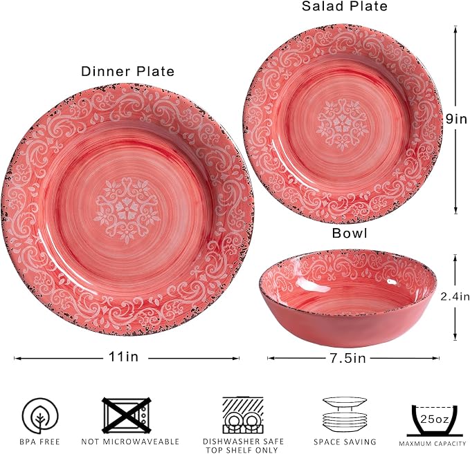 12-Piece Farmhouse Melamine Dinnerware Set, Elegant Unbreakable plates and bowls sets, BPA Free Dinner Dishes serving Set, Service for 4, Perfect for Indoor/Outdoor Dining, Peach pink Red