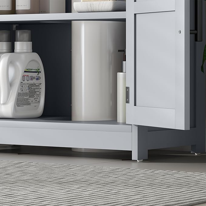 HOMCOM Pedestal Sink Storage Cabinet, Farmhouse Freestanding Bathroom Sink Cabinet with 2 Barn Doors and Adjustable Shelf, Dark Gray