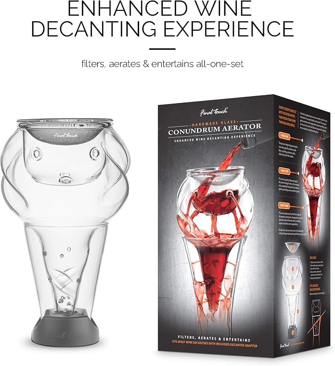 Final Touch Conundrum Aerator for Wine Decanters - Instant Wine Oxygenation, 3 Phase Aeration System, Stainless Steel Sediment Filter, Fits Angled & Straight Decanter Rims (WDA590)
