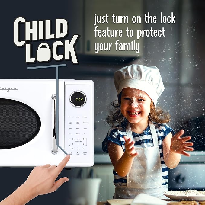 Nostalgia Retro 1000W Microwave Oven 1.1 Cu Ft Capacity – Child Safety Lock, 8 Auto-Cook Settings – Countertop Kitchen Appliance – White