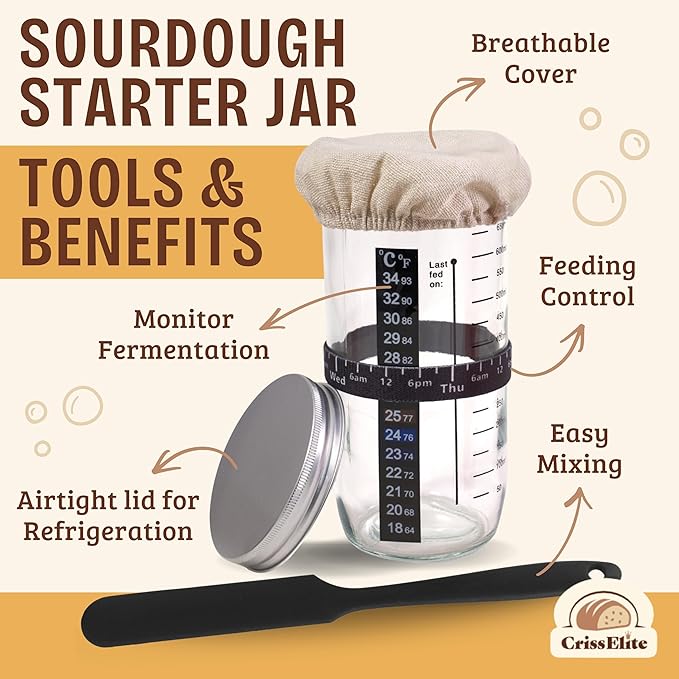 Sourdough Starter Kit – Complete Sourdough Bread Baking Supplies with 24oz Glass Sourdough Starter Jar, 9” Round & 10” Oval Banneton Proofing Basket Set, Sourdough Tools – Artisan Gift for Bakers