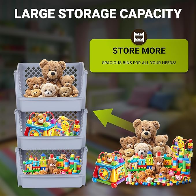 TidyFriend 3 Pk Large Stackable Storage Bins Open Front for Pantry Organizers & Storage, Pantry Storage for Food, Kitchen & Home Organization, Plastic Storage Bins, Dorm Room Essentials (Light Grey)