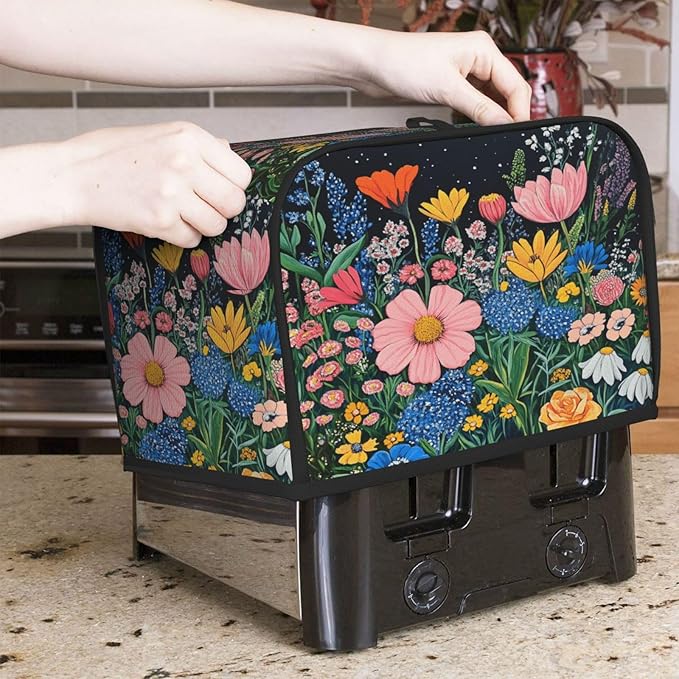 2 Slice Toaster Cover for Kitchen Wildflower Art Floral Black aterproof and Dustproof Toaster Dust Cover with Side Pockets Decorative Universal Cover for Wide Slot Toasters and Small Appliances