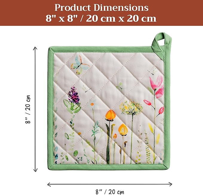 Maison d' Hermine Pot Holders 100% Cotton Heat Resistant Potholders 8" x 8" Hot Pads with Loop BBQ Cooking Baking Gifts for Mothers Day Handling Hot Pans Spring/Summer(Pack of 2, Botanical Fresh)