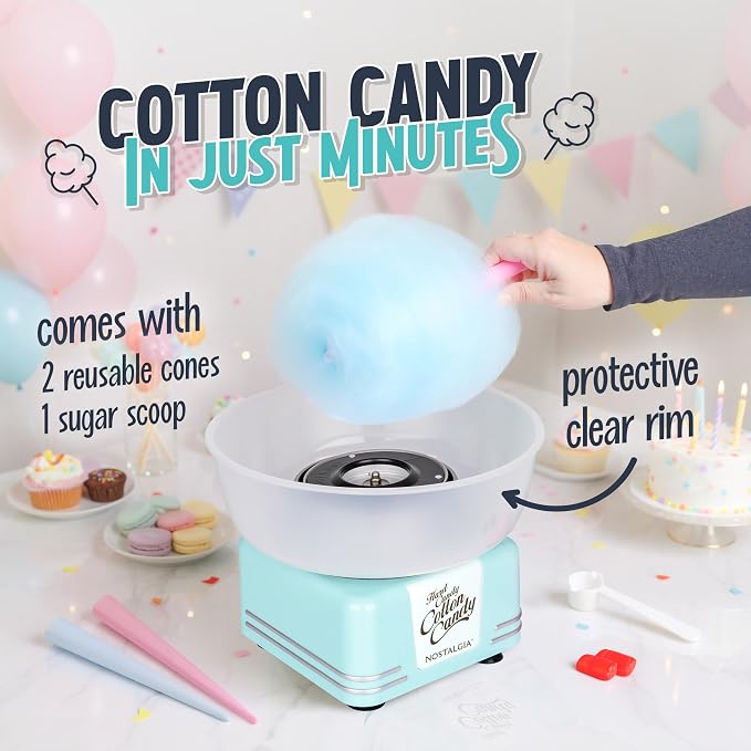 Nostalgia Countertop Cotton Candy Machine – Use Normal or Sugar-Free Candy or Flossing Sugar – Includes 2 Reusable Cones and Measuring Scoop – Aqua