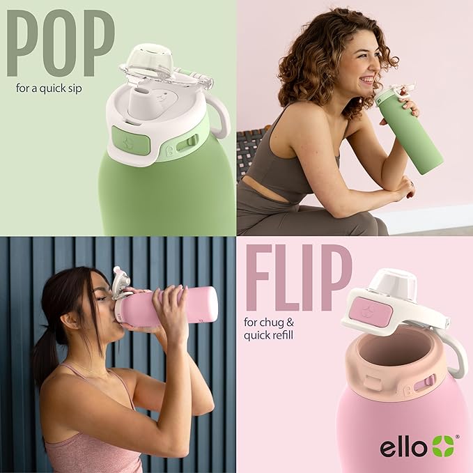 Ello Pop & Fill 22oz Stainless Steel Water Bottle with QuickFill Technology, Double Walled and Vacuum Insulated, Leak Proof Locking Lid, Straw and Chug, Fits Cupholder, Reusable BPA Free, Black Zebra