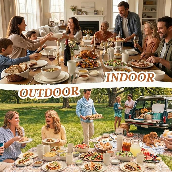 Homienly Wheat Straw Dinnerware Sets 40 PCS Plates and Bowls Sets with Cup Set and Dipping Bowls, Unbreakable Camping Dishes Microwave and Dishwasher Safe Dinnerware Set for Dinner, Outdoor (Beige)