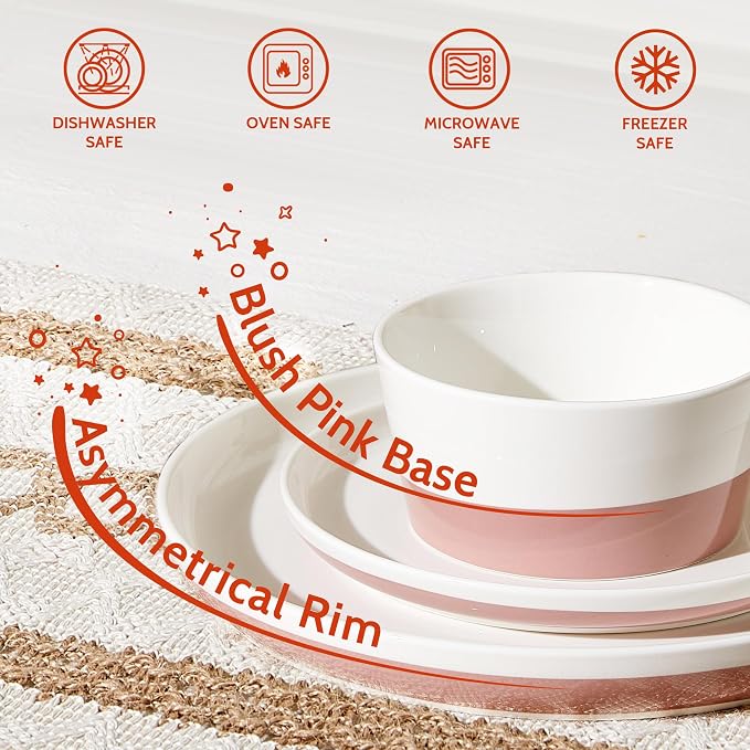 Sweese Plates and Bowls Set, Porcelain Dinnerware Sets for 6, 18 Pieces Handcrafted Glaze Dishes, Chip and Scratch Resistant, Microwave Oven & Dishwasher Safe Dishwasher Safe, White & Pink ﻿