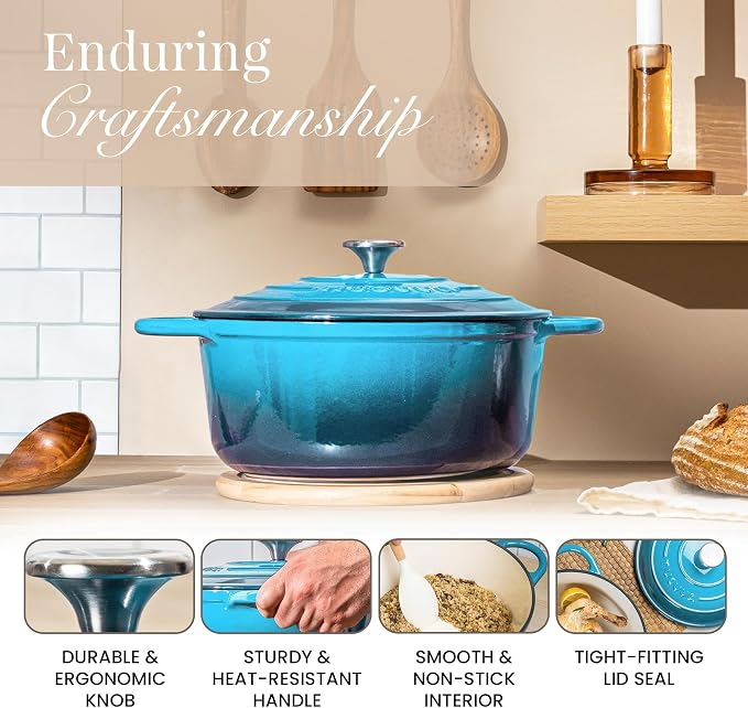 Cast Iron Dutch Oven with Lid - Non-Stick Ovenproof Enamelled Casserole Pot - Sturdy Dutch Oven Cookware - Blue, 3.1-Quart, 22cm- by Nuovva