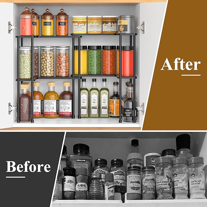 Spicy Rack Pro – Expandable 10"-18.9" Spice Rack for Cabinet, 2-Tier Wood & Metal Shelf, Heavy Duty, High Space for Large Bottles, Easy 3-Min Install, Stackable or Side-by-Side