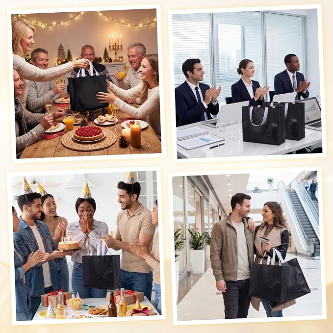 Eccliy Reusable Gift Bags Set Glossy Grocery Gift Tote Bag with Handle for Wedding, Bridal Shower, 4th of July, Summer Event(12 x 11 x 4.7 I Inch,Black,80 Pcs)