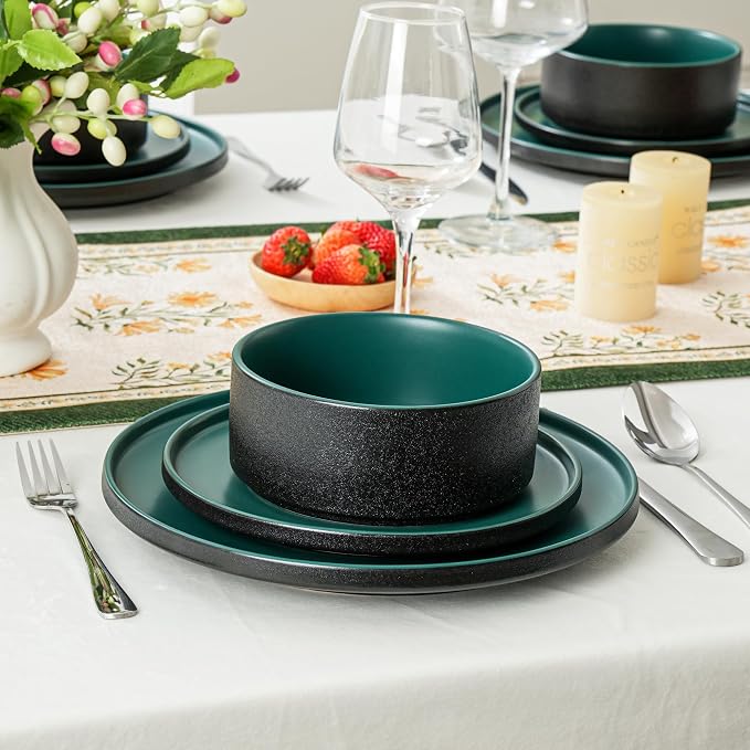 6 Piece Ceramic Plates and Bowls Sets for 2, Modern Green | Stoneware Dinnerware Set, Dishwasher & Microwave Safe, Handcrafted, Perfect for Family and Gatherings