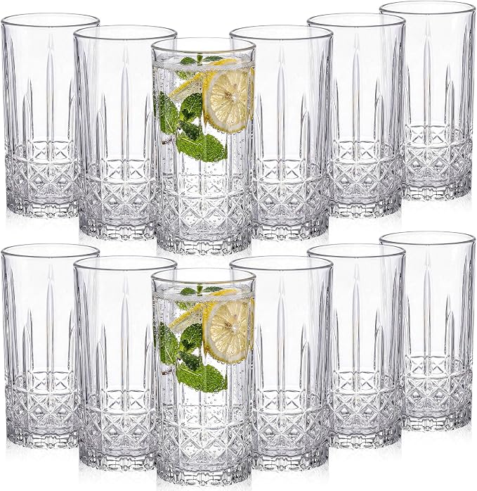Uiifan Set of 12 Tall Highball Glasses 12 oz Crystal Drinking Glasses Clear Fancy Cups Vintage Textured Designer Glassware for Cocktail Tea Water Beer Soda Beverages, Dishwasher Safe (Diamond Pattern)