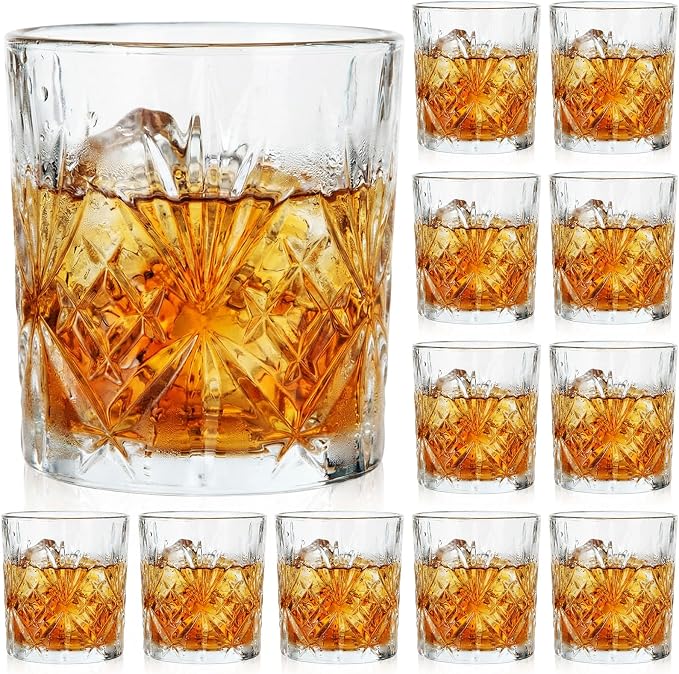 12 Pcs Old Fashioned Whiskey Glasses 8 oz Elegant Crystal Whiskey Glasses Bourbon Cocktail Rocks Glass for Bourbon Scotch Liquor Cocktails Barware Men Gifts